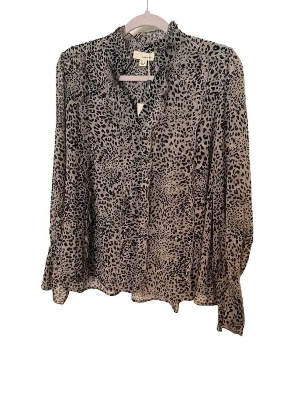 THEKorner Women's Long Sleeve Pleated Ruffle Leopard Print Blouse